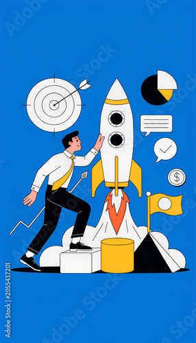Businessman touch rocket launch investment growth, planning and starting corporate business start up aiming objective value development leadership and customer target group.