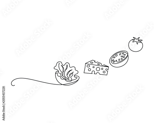 Simple line drawing of salad cheese and tomato on white background