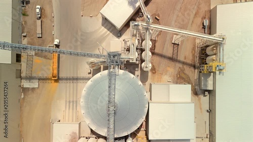 Top down drone view of grain silos and agricultural processing facility