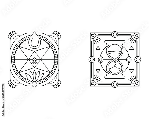 Two mystical symbols with geometric shapes and decorative elements side by side