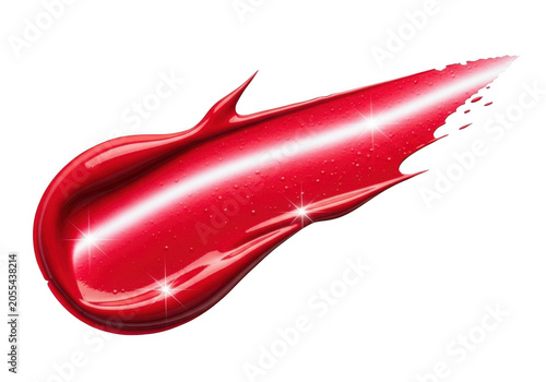 Red lipstick swatch with glitter on white background