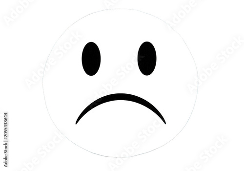 Sad face emoji icon with black eyes and mouth on white