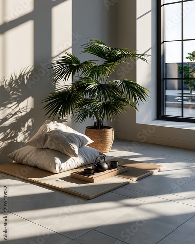 Minimalist Room Interior with Palm Plant, Cushions, and Tea Set by Window