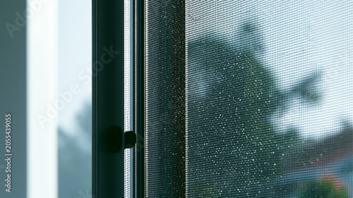 premium insect screen detail with rain droplets on modern window mesh