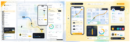 Fotografie Modern taxi fleet management and ride hailing UI kit featuring web dispatch dashboard, mobile booking screens, live route maps, driver profile, fare analytics, brand palette and operations widgets