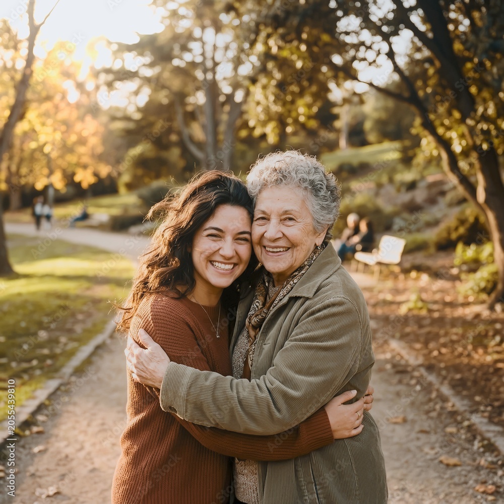 Naklejka premium Young woman embracing elderly grandmother on sunlit park pathway