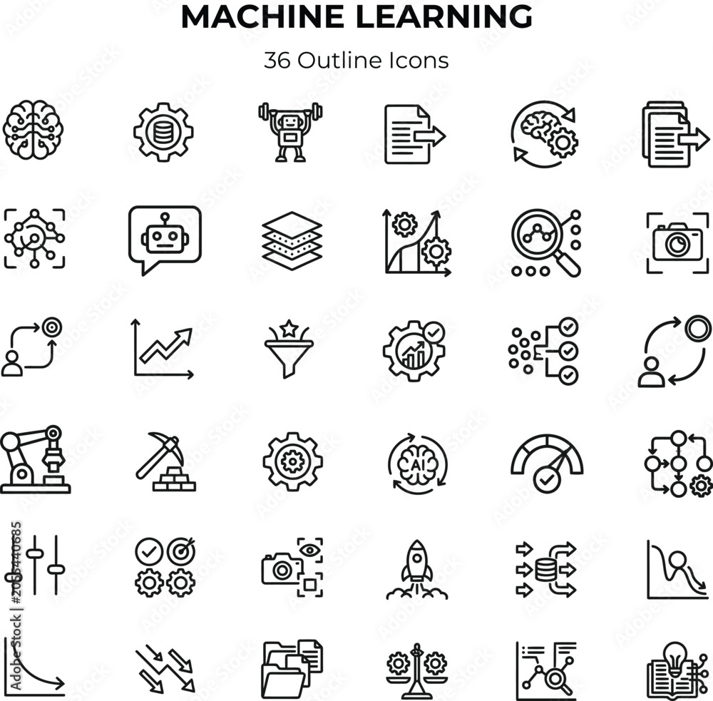 Fototapeta premium Machine learning icons set 36 outline symbols for ai data science and automation