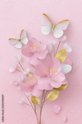 paper art background, in a pink color with golden butterflies and flowers