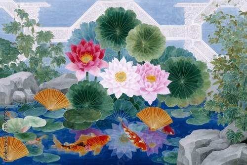 a detailed painting of colorful lotus flowers, goldfish, and koi fish in a pond floating on the water. the background is a blue sky, surrounded by green plants and white stone arches.