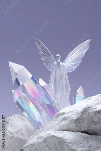 a futuristic angel made of clear crystal, hovering over white rocks with colorful prismatic light coming from behind them