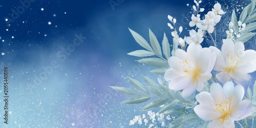 cute blue background with a light white outline, with beautiful flowers and plants