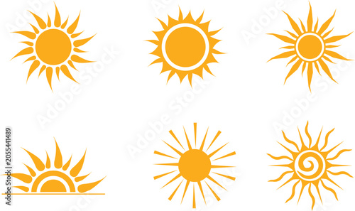Yellow sun icons set, sunshine and solar glow, sunrise or sunset. Decorative circle full and half suns and sunlight collection. Hot solar energy for tan
