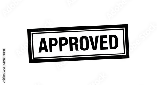 An official stamp of approval with bold, uppercase letters on a white and black background, representing authorization or validation