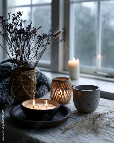 Cozy Home Ambiance with Lit Candles by Window on a Cloudy Day