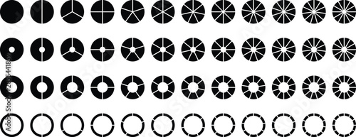 Circle divides on 1 to 9 equal parts. Wheel round diagram part symbol. Infographic element round shape, Circle semicircle quarter shapes. Black segmented circle set.