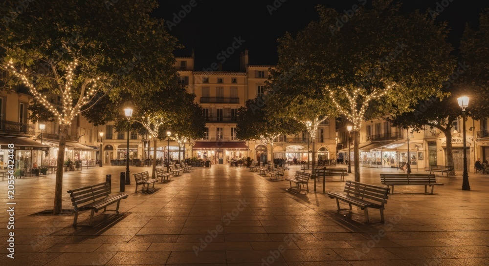 Fototapeta premium A European square at night, lit by string lights and street lamps, with shops and benches