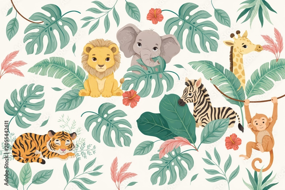 Obraz premium Cute jungle animals including a lion, elephant, giraffe, zebra, tiger, and monkey surrounded by tropical monstera leaves and flowers