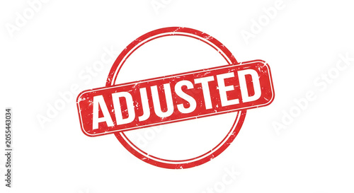 A bold and vibrant red stamp with the word adjusted in all capital letters, creating a striking visual effect against a clean white backdrop, symbolizing approval or modification