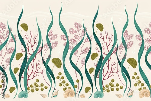 Underwater seamless pattern with green seaweed, red coral, seashells, and bubbles on a light beige background, for ocean theme