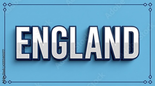 England Bold 3D Text Design on Blue Background with Silver Chrome Letter Effect and Decorative Border Frame
