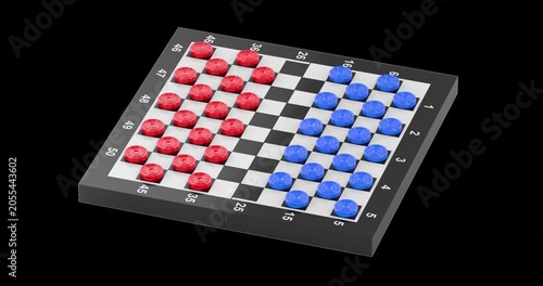 Checkers board with red and blue pieces rotation animation seamlessly loopable. 3D rendering isolated on transparent background
