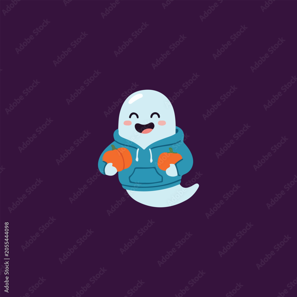 Fototapeta premium Cute Cartoon Ghost Wearing Hoodie and Holding Candies Vector