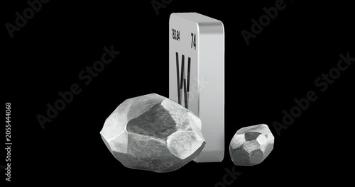 Tungsten element plate with tungsten rocks rotation animation seamlessly loopable. 3D rendering isolated on transparent background