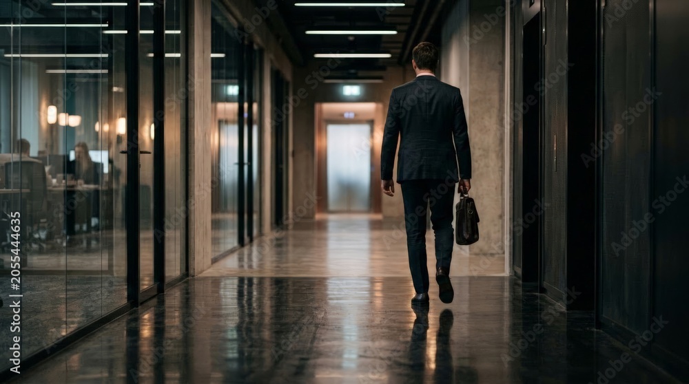 Obraz premium A professional man in a suit carries a briefcase down a long office hallway, creating a strong contrast of light and shadow as he prepares to quit his job permanently today
