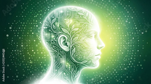 Glowing green human head with circuit board