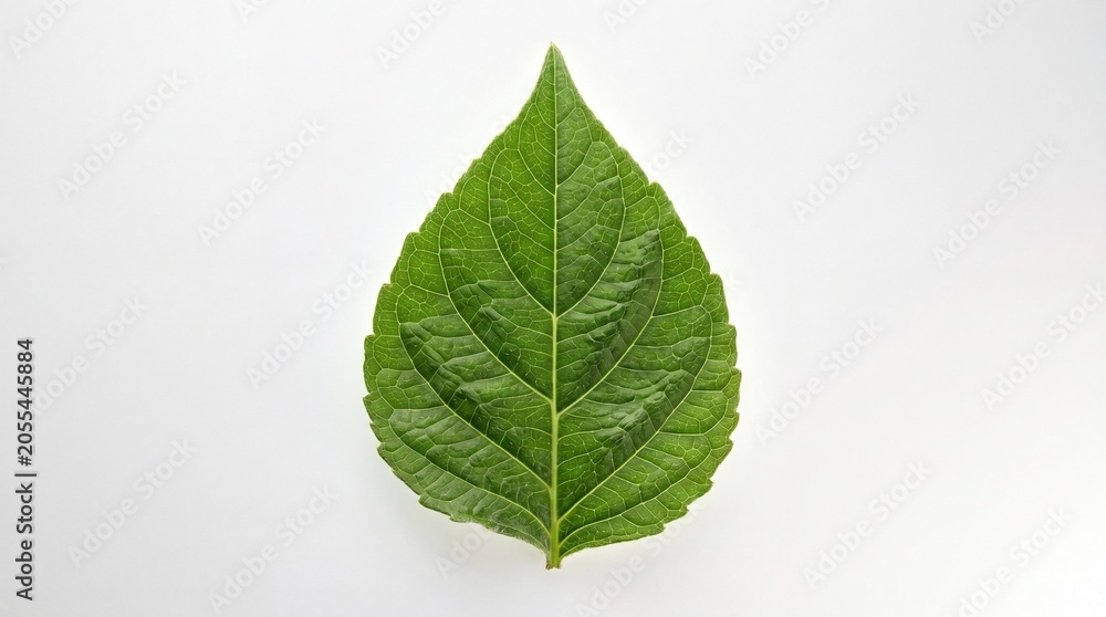 Fototapeta premium Large green leaf with prominent veins on white background