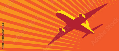 Flying airplane silhouette against radiating sun rays background