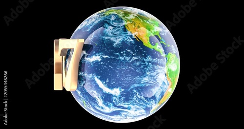Earth Globe with 2027 rotation animation seamlessly loopable. 3D rendering isolated on transparent background