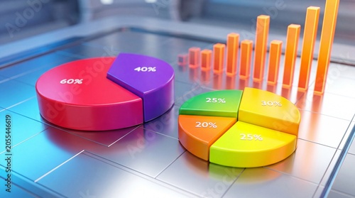 Colorful 3d pie charts and bar graph on metallic surface for business data analysis