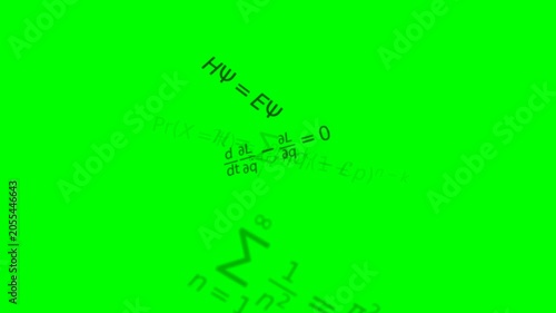 Animated complex math equations flying outward from the center past the camera on chroma key green screen background