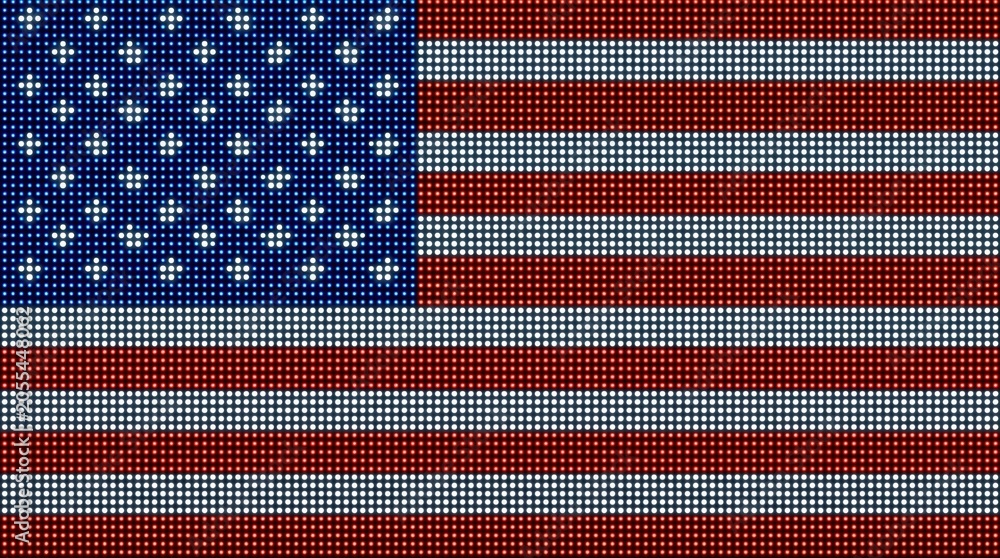 Fototapeta premium A digital American flag composed of small LED lights in red, white, and blue colors, creating a pixelated representation of the stars and stripes.