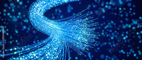 Glowing blue fiber optic cables swirl in a dynamic pattern against a dark background with bokeh lights