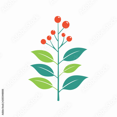 Stylized Plant with Red Berries and Green Leaves