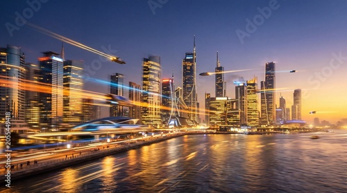 Futuristic cityscape with flying cars and light trails at dusk