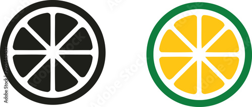 Foto Citrus lemon lime fruit slice icons in black and color styles with silhouette re