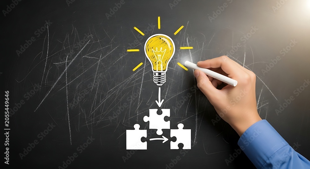 © SABYDA - Hand light bulb and puzzle pieces on blackboard representing idea generation and problem solving chalk