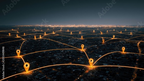 Glowing network of location pins connects a vast cityscape at night
