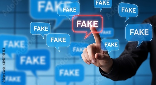 Hand touching glowing red fake news bubble surrounded by blue fake news bubbles misinformation deception