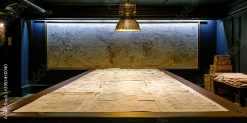 Command center with large table displaying maps and a global map on wall