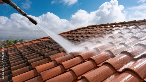 High-pressure water cleans weathered terracotta roof tiles under a bright blue sky