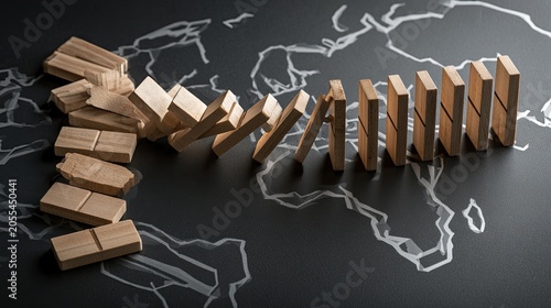 Wooden blocks cascade like dominoes across a stylized world map