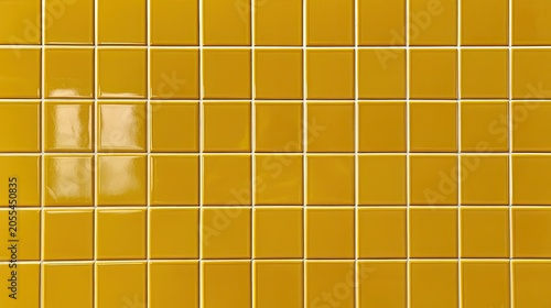 Glossy amber square tiles with thin white grout lines create a grid pattern