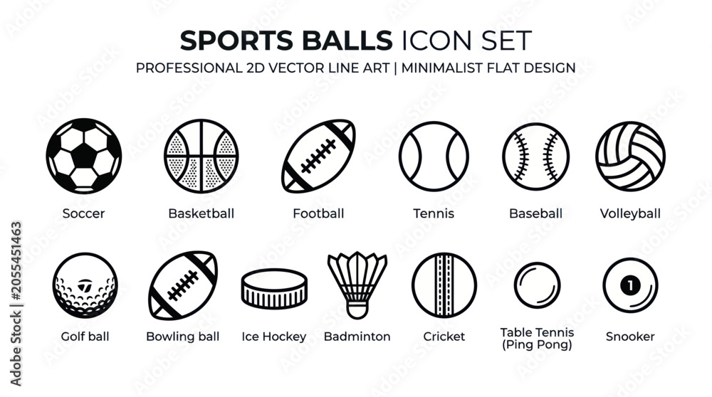 Fototapeta premium Sports Balls Icon Set - Minimalist Flat Design Vector Art