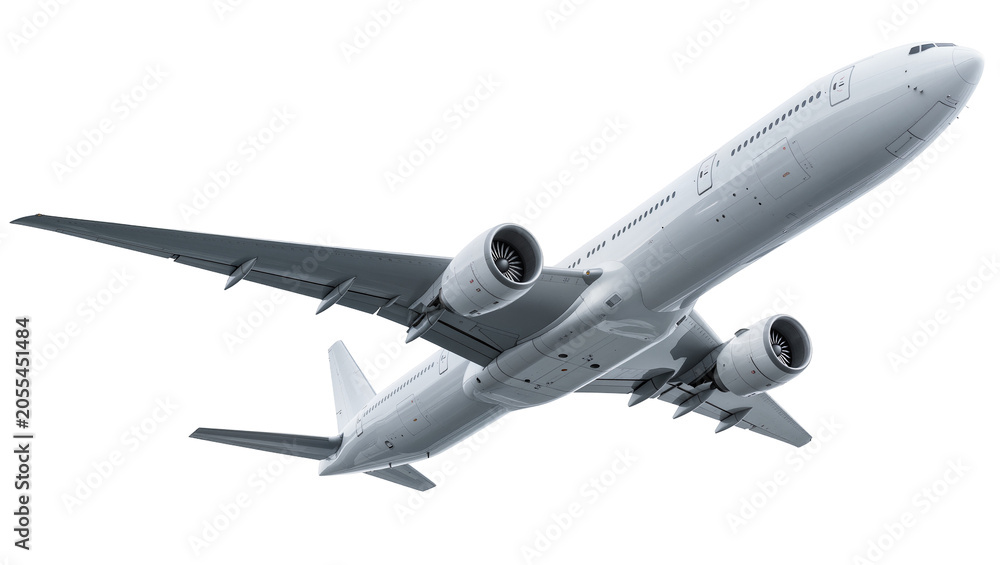 Fototapeta premium Isolated modern large commercial jet airplane flying in ascending position, underside view