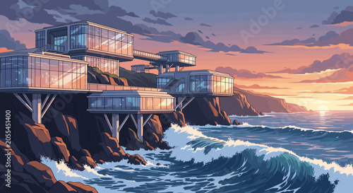 A futuristic house built on a rocky cliff overlooking a dramatic ocean sunset. This vector illustration depicts luxury, modern architecture, and coastal living.
