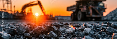 Mining operation at sunset with heavy machinery